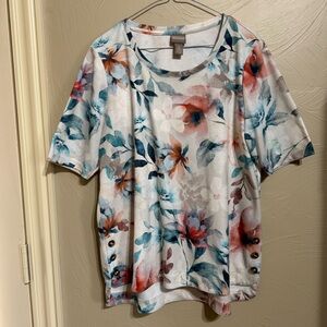 Chico’s Shirt featuring a Multicolor Floral Print of Teal, Coral, Blush and Blue